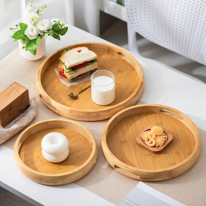 9.8" Round Bamboo Tray with Handles, Wood Serving Tray, Decorative Tray | Wooden Centerpiece Tray for Coffee Table, Kitchen, Living Room, Bedroom - size: 9.8"
