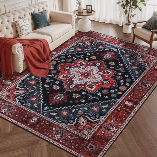 Ciicool 4x6 Rugs,Boho Machine Washable Area Rug for Living Room,Non-Slip Vintage Ultra-Thin Throw Distressed Large Low-Pile Carpet for Dining Room Office Living Room Kitchen - color: Dark Blue/Red, size: 4' X 6' (Rectangular)