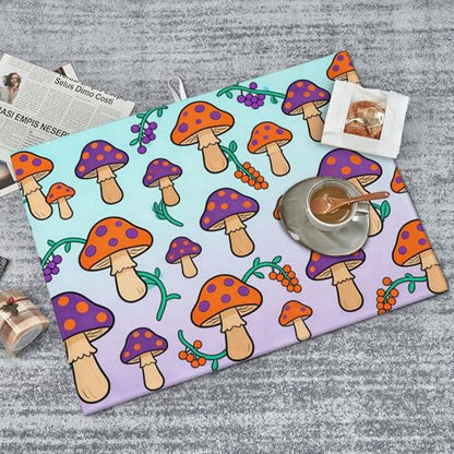 Cute Cartoon Mushroom Kitchen Dish Drying Mat Absorbent Reversible Microfiber Pad Fast Drying Countertop Protector Large “18 x 24" Dish Mat - color: Blue-purple-Mushroom