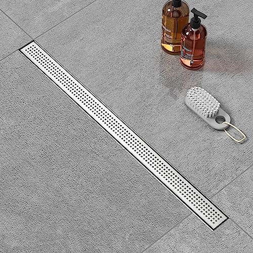 36 inch Linear Shower Drain with Square Hole Pattern Grate Cover | Brushed 304 Stainless Steel Bonding Flange Linear Drain, Low Profile Linear Shower Drain with Hair Strainer - color: 36 in, size: Quadrato Pattern