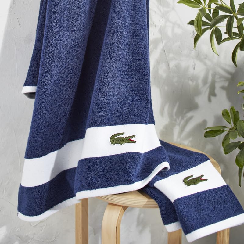 Lacoste Sport Stripe 6-Piece Luxury Cotton Towel Set – Made with 100% Soft Supima Cotton, Absorbent & Quick-Drying, Includes 2 Bath Towels, 2 Hand Towels, 2 Washcloths, Navy - color: Navy