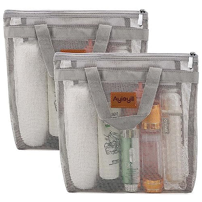 Hommtina 2 Pcs Shower Mesh Caddy Bag Quick Dry Hanging Toiletry and Bath Organizer for Travel and Swimming with Zipper (2 Gray) - color: 2 Gray