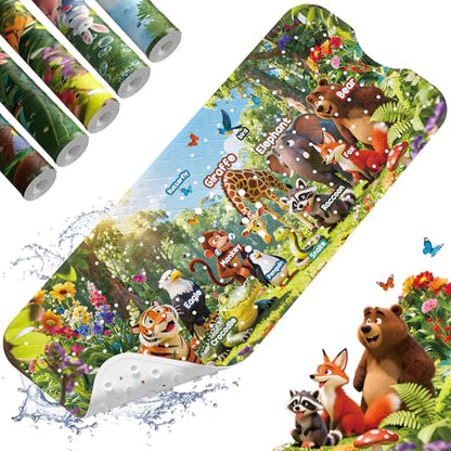 Bath Tub Mat Non Slip Bath Mat Shower Mat for Baby Adults, BPA Free Extra Long Bathtub Mat, 40x16 Inches Eco-Friendly Kids Bath Mats with Suction Cups and Drain Holes, Machine Washable,Animals - color: Education