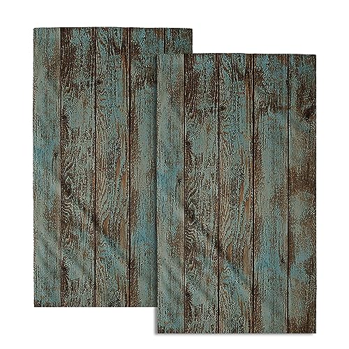 Giwawa Rustic Barn Wood Hand Towel 15x30 Set of 2, Vintage Teal Turquoise Brown Plank Fingertip Towel Retro Wooden Stripe Face Towel Country Grain Board Washcloth for Farmhouse Log Cabin Bathroom - color: Board-2