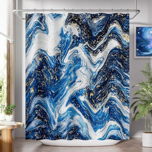 AmazerBath Shower Curtain Blue, Marble Fall Fabric Shower Curtain Sets with 12 Shower Curtain Hooks, Luxury Quality Home Hotel Washable Farmhouse Cloth Shower Curtains for Bathroom Decor, 72x72 Inches - color: B- Marble Blue +12 Metal Hooks, size: 72"W x