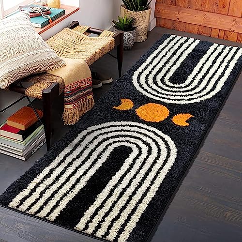 Boho Bathroom Runner Rug 20"x60" Long Abstract Bath Mat for Bathroom Soft Plush Fluffy Bath Rugs Boho Decor Black Washable Non Slip Runner Rug for Bedroom/Hallway - color: Black, size: 1'8" x 5' (Runner)