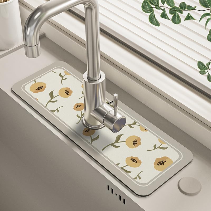 14.96"×5.43" Diatomite Sink Faucet Absorbing Mat, Reusable Drying Mat Splash Guard for Kitchen Bathroom Counter, Sink Drip Catcher & Organizer - style: Flower-4