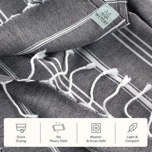 WETCAT Turkish Hand Towels with Hanging Loop, Set of 2 (20" x 30") 100% Turkish Cotton, Pre-Washed, Quick Drying, for Kitchen or Bathroom - Black - color: Black