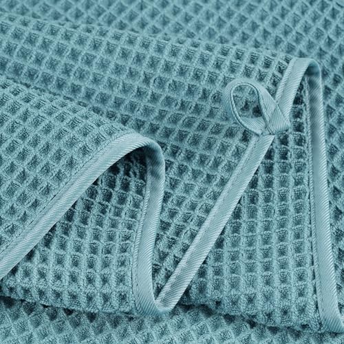 POLYTE 430 GSM Poly Blend Microfiber Quick Dry Waffle Bath Towel Set of 6 | 2-Body Towels, 2-Hand Towels, 2-Wash cloths, Oversize, Lint Free - color: Green