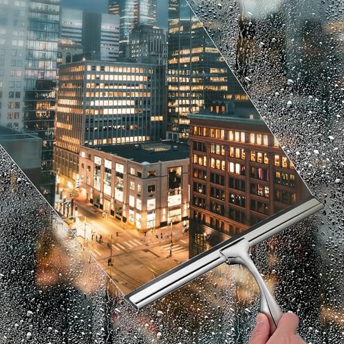 10" Squeegee for Shower Glass Door LASSHSWA All-Purpose Shower Squeegee for Glass Doors Bathroom Cleaner Tool Car Window Mirror Tile Wall Windshield Household with 2 Hooks and 2 Rubber Strips