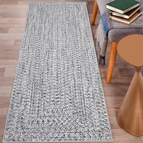Printed Washable Rugs Runner Rug 2x8 Rug for Living Room Bathroom Rugs Modern Imitation Braided Bedroom Rug Non Slip Geometric Area Rug Kitchen Rugs Stain Resistant Carpet 2'x8' Light Grey - color: Light Grey, size: 2' x 8' (Runner)