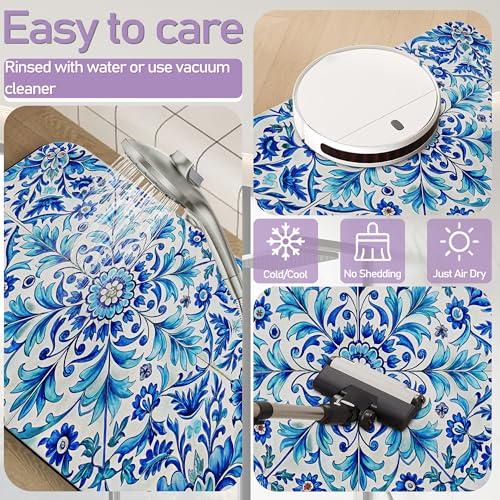 Blue Flower Bathroom Rug, Rapid Dry Absorbent with Non-Slip Rubber Base Bath Mats for Bathroom 17"x30" - color: Blue Flower