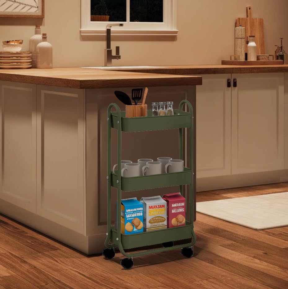 SunnyPoint Slim Rolling Storage Cart, 3 Tier Bathroom Storage Organizer Bathroom, Laundry Utility Cart (Army) - color: Army