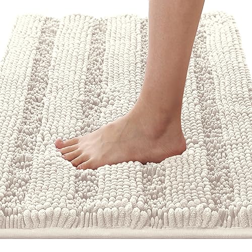 H.VERSAILTEX Bathroom Rugs Bath Rugs for Bathroom Non Slip Bath Mats Extra Thick Chenille Striped Rug 17" x 24" Absorbent Soft Shaggy Washable Dry Fast Bath Mats for Bath Room Floor - Ivory - color: Ivory, size: 17" x 24"