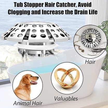 ADorCD Bathtub Drain Stopper with Hair Catcher, Pop Up Tub Stopper and Cover, Universal for 1.45 to 1.8in Drain, Chrome Silver, 0001