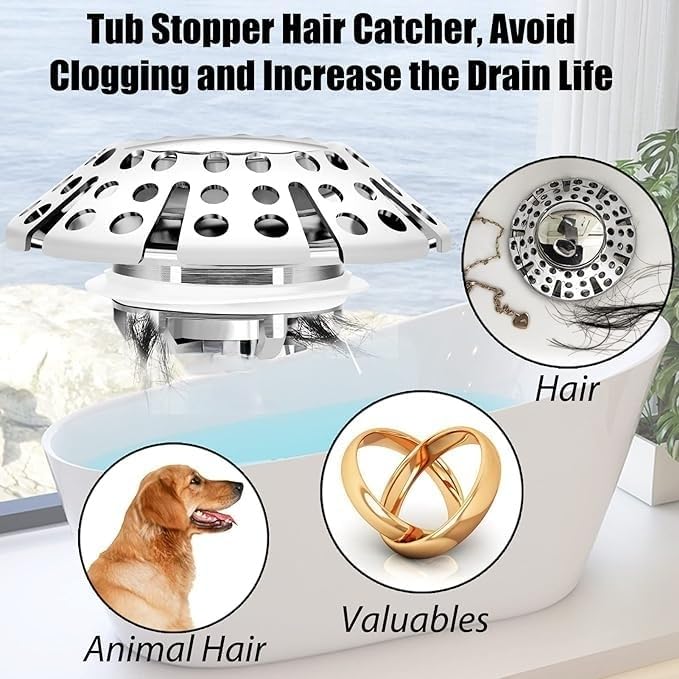 ADorCD Bathtub Drain Stopper with Hair Catcher, Pop Up Tub Stopper and Cover, Universal for 1.45 to 1.8in Drain, Chrome Silver, 0002