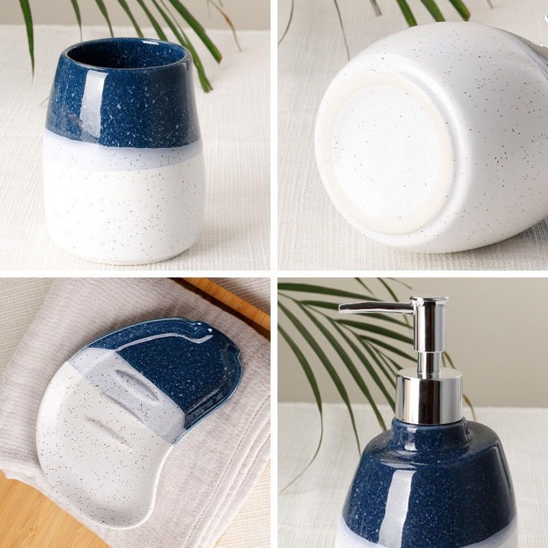Ceramic Bathroom Accessories Set of 4 Gradient White and Blue Washing Set | Includes 2 Gargle Cups, 1 Soap Dish, 1 Lotion Dispenser, Ideal For Home Decor And Gift