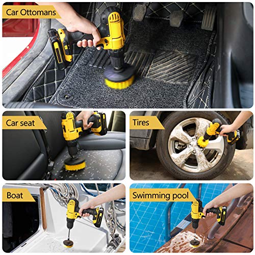 HIWARE Drill Brush Attachment Set, Yellow, Plastic Handle, 3 Sized Brush Heads for Cleaning Bathtub, Shower, Floor, Carpet, Kitchen, Bathroom, and More