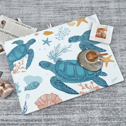 Turtle Pattern Dish Drying Mat for Kitchen Counter Absorbent Microfiber Reversible Dish Pad Fast Drying Countertop Protector Extra Large"18x24"Dish Mat - color: Light Blue-Turtle