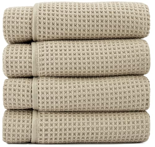 S&T INC. Aura Waffle Bath Towels, 4 Pack, 30" x 60", Beige | Quick-Dry, 420GSM, Absorbent Microfiber, Lightweight, Sewn-In Hang Loop, Compact for Home, Gym, and Travel - color: Beige