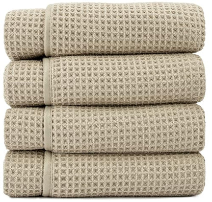 S&T INC. Aura Waffle Bath Towels, 4 Pack, 30" x 60", Beige | Quick-Dry, 420GSM, Absorbent Microfiber, Lightweight, Sewn-In Hang Loop, Compact for Home, Gym, and Travel - color: Beige