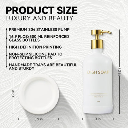 Glass Soap Dispenser Bathroom Set by Janxin, Foaming Kitchen soap Dispenser with Ceramic Tray for Dish Soap, Liquid Soap Dispenser for Hand Soap, Lotion, Body Wash (White+Gold) - color: White Gold D