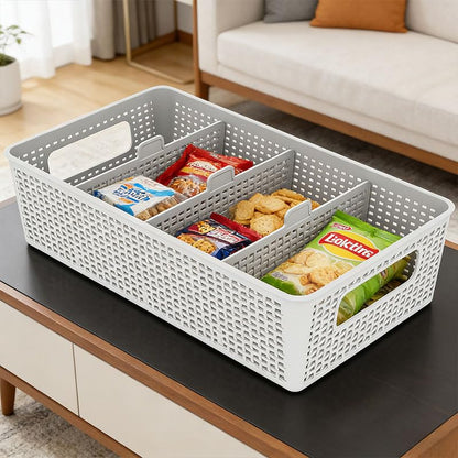 3 Compartment Stackable Bin with Adjustable Dividers, Stackable Storage Bin & Compartment Tray for Kitchen, Bathroom Vanity, Office Desk Supplies, and Bedroom Accessories (White)