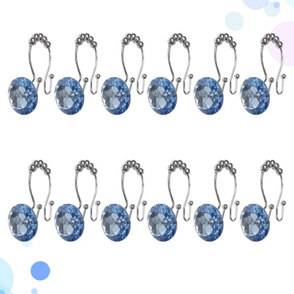 MAGICLULU Glide Double Hooks Shower Curtain Rings with Blue Rhinestone Decorative Crystal for Bathroom Secure Hold for Curtain and Liner Easy Swap Design