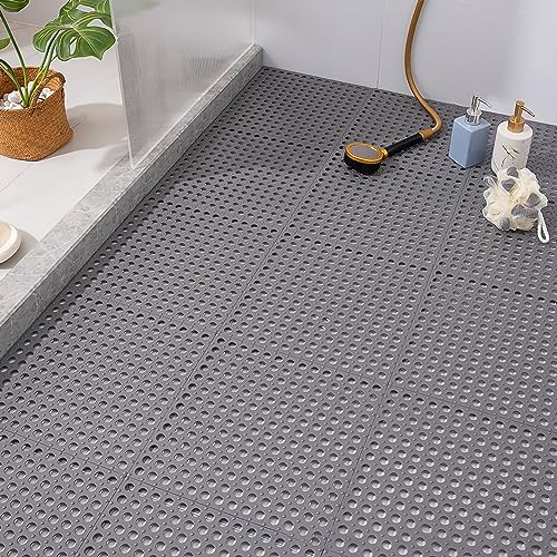 Tyenaza 10Pcs Bath Tub Shower Mat, Suction Cup Floor Mats Anti Slip Plastic Mosaic Bath Mat Tub Bathroom Mats for Kitchen Bathroom (Grey) - color: Grey