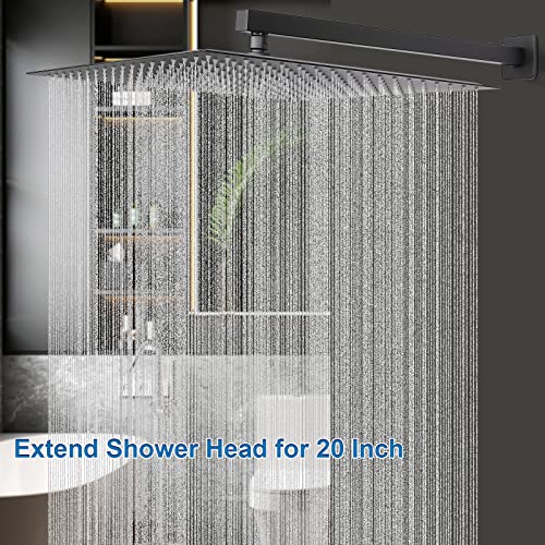 Shower Head with Extension Arm, High Pressure Square with ShowerArm, Stainless Steel Rainfall-Waterfall Full Body Coverage (16'' Shower with 20'' Arm, Matte Black) - color: Matte Black, size: 16'' Shower with 20'' Arm