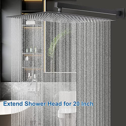 Shower Head with Extension Arm, High Pressure Square with ShowerArm, Stainless Steel Rainfall-Waterfall Full Body Coverage (16'' Shower with 20'' Arm, Matte Black) - color: Matte Black, size: 16'' Shower with 20'' Arm