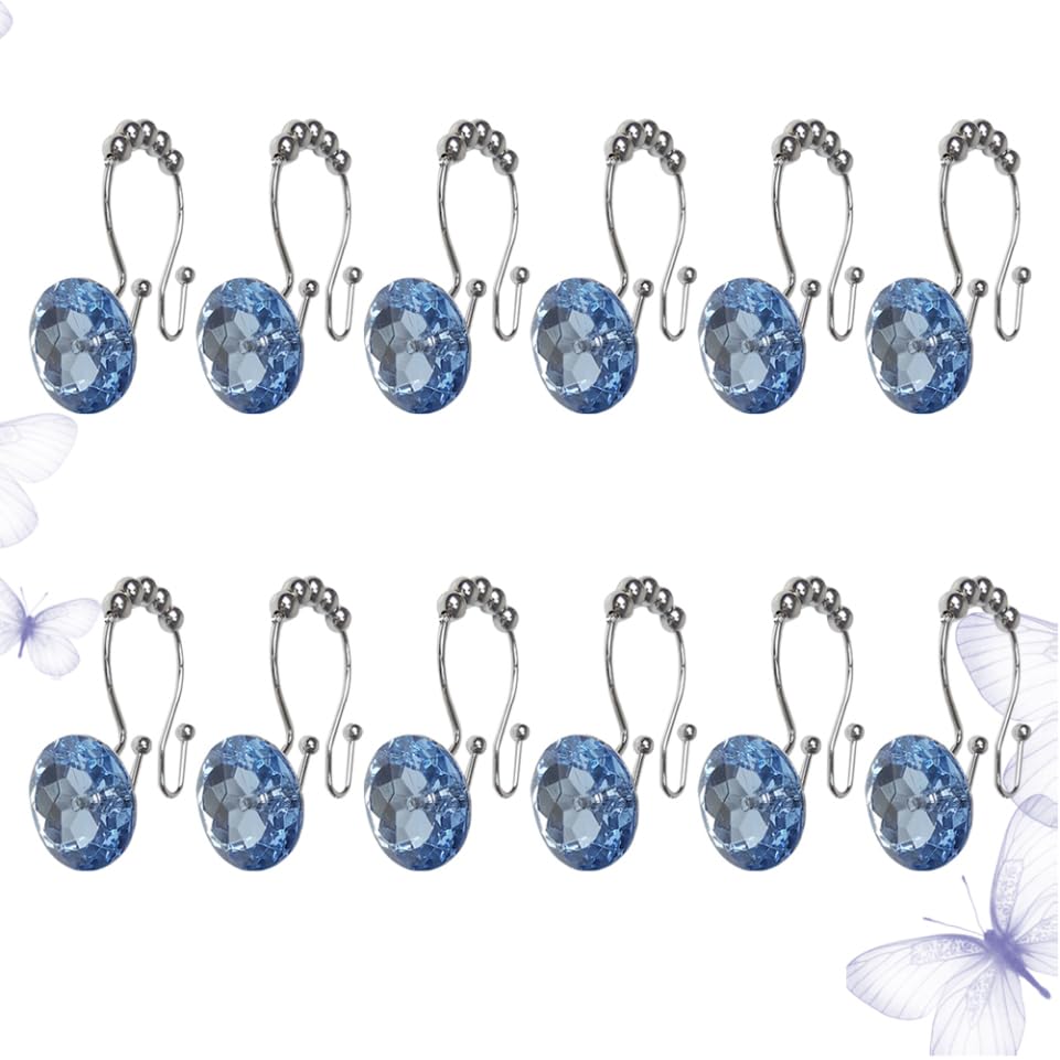 MAGICLULU Glide Double Hooks Shower Curtain Rings with Blue Rhinestone Decorative Crystal for Bathroom Secure Hold for Curtain and Liner Easy Swap Design