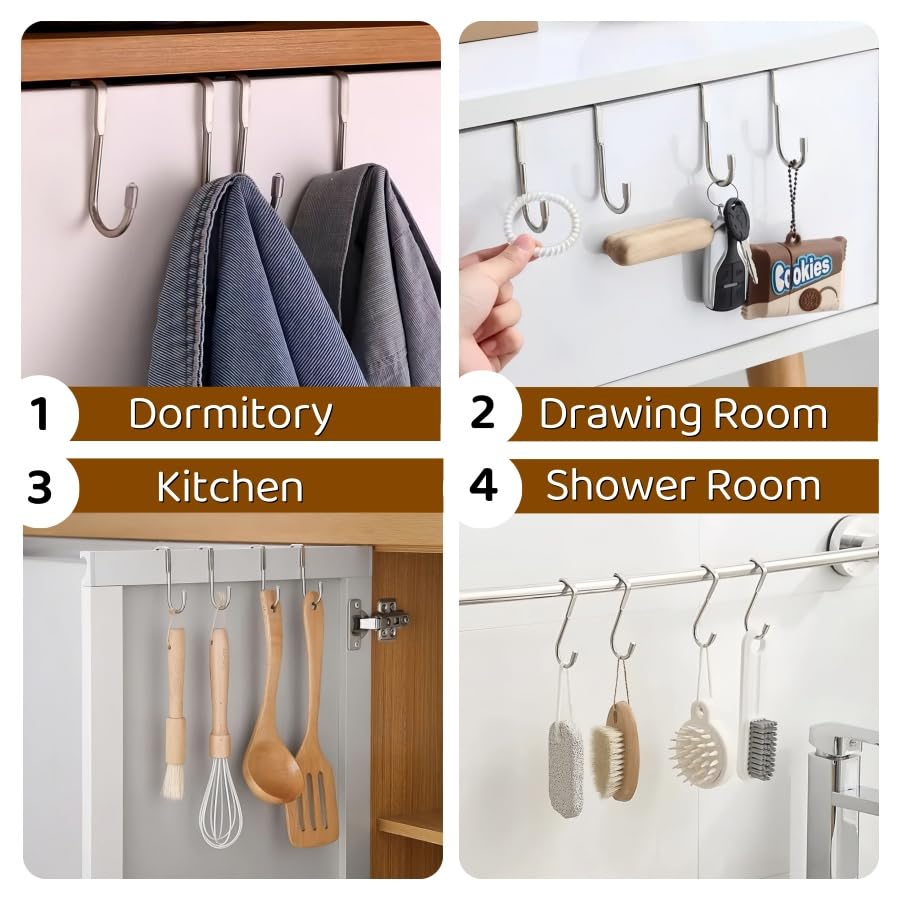 Over Cabinet Door Hook & Wardrobe Door Hook, Stainless Steel Hanging Hooks for Towels, Bags, Clothes – Bathroom Door Hooks for Towels, Kitchen Cabinet Hooks, Wardrobe Hooks, Dorm Room Hangers (4PCS)