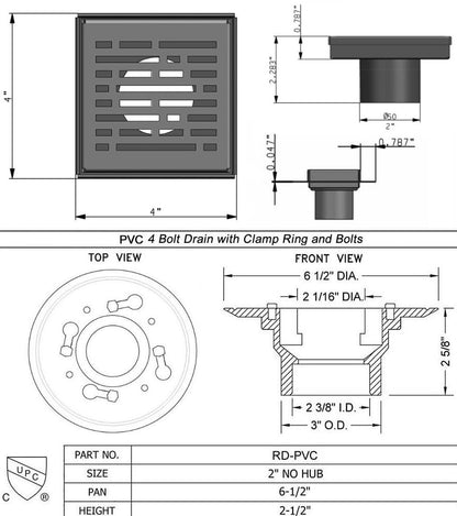 304 Stainless Steel 4 Inch Square Polished Chrome Shower Drain Kit with Base Broken Lane for Tile Floor Drain Grate Cover Hair Catcher Trap (Polished Stainless Steel, PVC Plastic) - color: Polished Stainless Steel