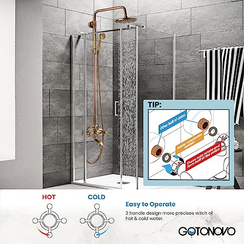 gotonovo Exposed Shower Faucet with Spout Antique Brass,Straight Pipe | Brass Bathroom Exposed Shower System,8’’ Rain Head,Swivel Tub Spout 2 Cross Handle,Adjustable Handheld Sprayer,Wall Mount - color: Antique Gold