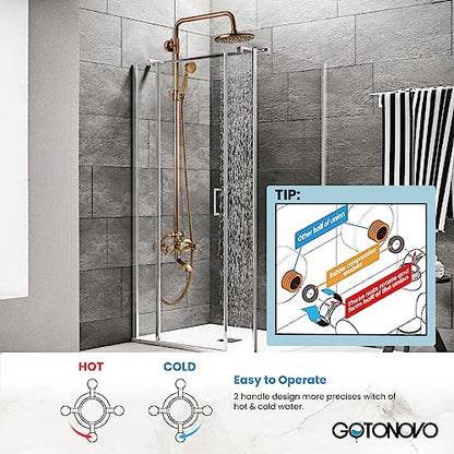 gotonovo Exposed Shower Faucet with Spout Antique Brass,Straight Pipe | Brass Bathroom Exposed Shower System,8’’ Rain Head,Swivel Tub Spout 2 Cross Handle,Adjustable Handheld Sprayer,Wall Mount - color: Antique Gold