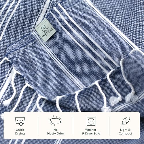 WETCAT Turkish Hand Towels with Hanging Loop, Set of 2 (20" x 30") 100% Turkish Cotton, Pre-Washed, Quick Drying, for Kitchen or Bathroom - Navy Blue - color: Navy Blue