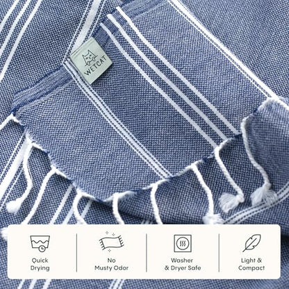 WETCAT Turkish Hand Towels with Hanging Loop, Set of 2 (20" x 30") 100% Turkish Cotton, Pre-Washed, Quick Drying, for Kitchen or Bathroom - Navy Blue - color: Navy Blue