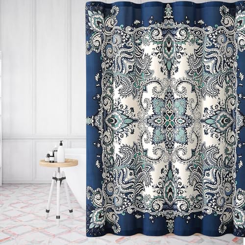 Boho Shower Curtain, Navy Teal White Mandala Floral Design, Fabric, 72 x 72 inches, Stain-Resistant, Paisley Pattern, with Hooks - color: Blue