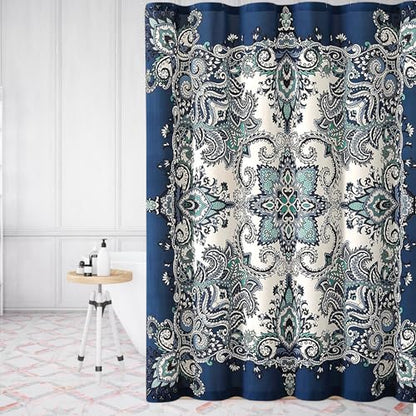 Boho Shower Curtain, Navy Teal White Mandala Floral Design, Fabric, 72 x 72 inches, Stain-Resistant, Paisley Pattern, with Hooks - color: Blue