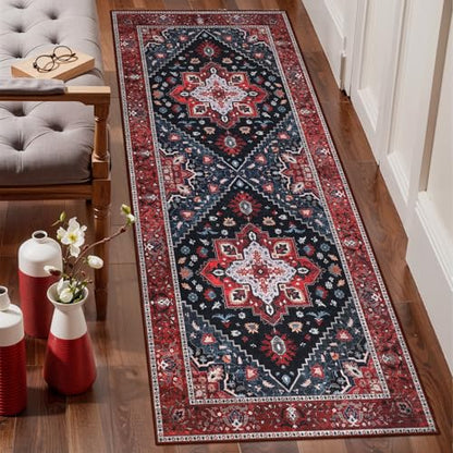Ciicool Boho Washable 2x6 Runner Rugs,Hallway Kitchen Bedroom Beside Laundry Room Bathroom Rug, Pet & Kids Friendly, Non Slip Low Pile Stain Resistant Soft Foldable Floor Carpet - color: Dark Blue/Red, size: 2' X 6' (Runner)