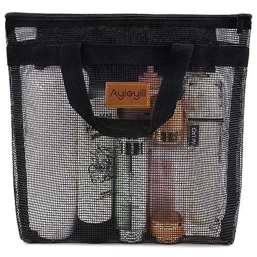 Hommtina 1 Pcs Shower Mesh Caddy Bag Quick Dry Hanging Toiletry and Bath Organizer for Travel and Swimming with Zipper (Black) - color: Black