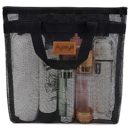 Hommtina 1 Pcs Shower Mesh Caddy Bag Quick Dry Hanging Toiletry and Bath Organizer for Travel and Swimming with Zipper (Black) - color: Black
