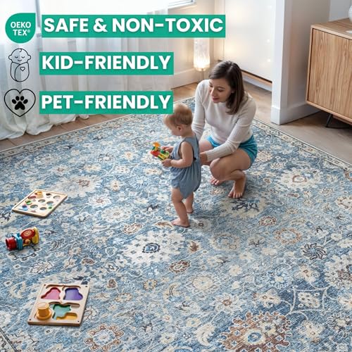 Bloom Rugs Caria Washable Non-Slip 7 ft Runner - Blue/Beige Traditional Runner for Entryway, Hallway, Bathroom, and Kitchen - Exact Size: 2'6" x 7' - color: Blue / Beige, size: 2'6" x 7' (Runner)