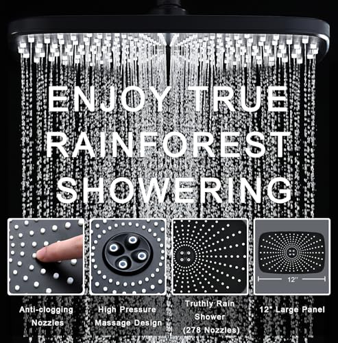 12" High Pressue Rain Shower Head with Handheld, 9 Sprays Hand Showerhead | Shower Heads with Handheld Spray Combo, Dual Head, Built-in Magnetic Docking, Power Jets, 59" Shower Hose, Black 1.75GPM - color: Black