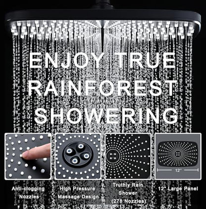 12" High Pressue Rain Shower Head with Handheld, 9 Sprays Hand Showerhead | Shower Heads with Handheld Spray Combo, Dual Head, Built-in Magnetic Docking, Power Jets, 59" Shower Hose, Black 1.8GPM - color: Black
