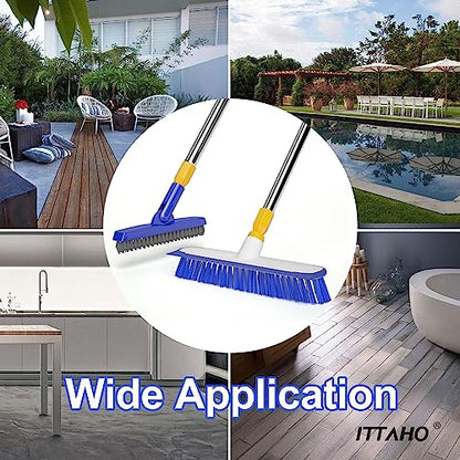 12" Wide Floor Scrub and Grout Brush Set With Long Extendable Handle - Stiff Bristle Heavy Duty Cleaner for Tile, Deck, Garage, Kitchen, Bathroom - color: White+blue