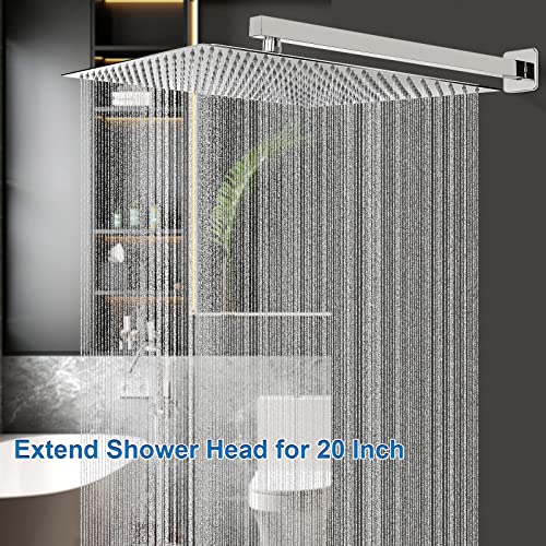 Shower Head with Extension Arm, High Pressure Square with ShowerArm, Stainless Steel Rainfall-Waterfall Full Body Coverage (16'' Shower with 20'' Arm, Chrome) - color: Chrome, size: 16'' Shower with 20'' Arm