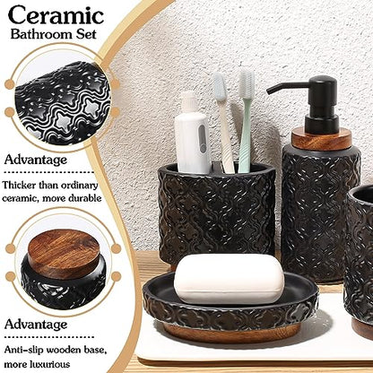 RQYIXI Ceramic 4-Piece Bathroom Accessories Set,Matte Black | Countertop Essentials Embossed Textured Design Solid Wood Non-Slip Detail Matte Black Finish - color: Black, size: Embossed Textured-4-Piece