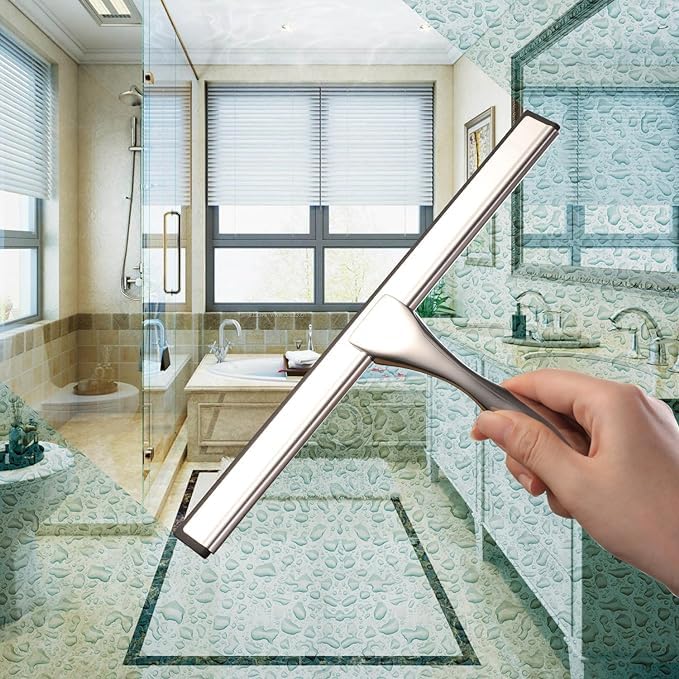 All-Purpose Shower Squeegee for Glass Doors,Tile Shower Walls,Squeegee for Shower Glass,Shower Squeegee,Bathroom, Window,Floors, Glass and Car Windshield, Mirrors and Kitchen-Stainless Steel